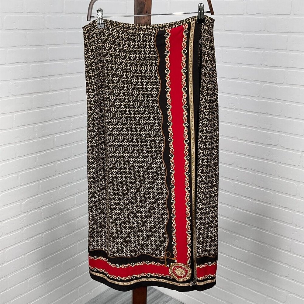 Talbots Skirt‎ Women Medium 30Wx33L Black Red Wrap 80s Scroll Classic Stretch